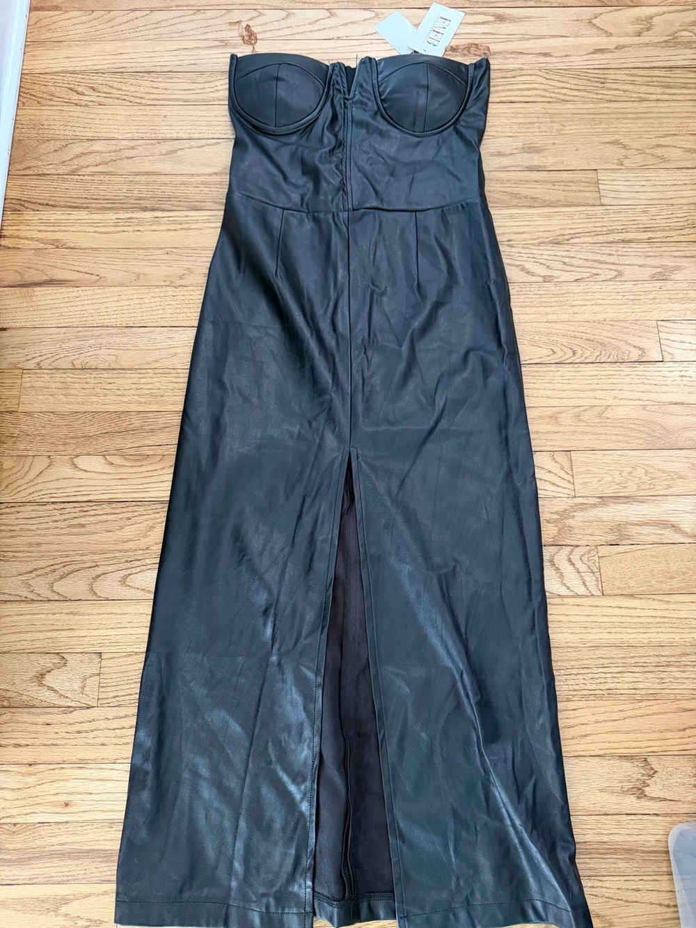 Strapless Black Faux Leather Maxi Dress with Front Slit
